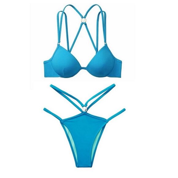 38C/L VICTORIA SECRET Push-Up Top Bikini Set Strappy Brazilian Bottom Blue - Picture 4 of 14